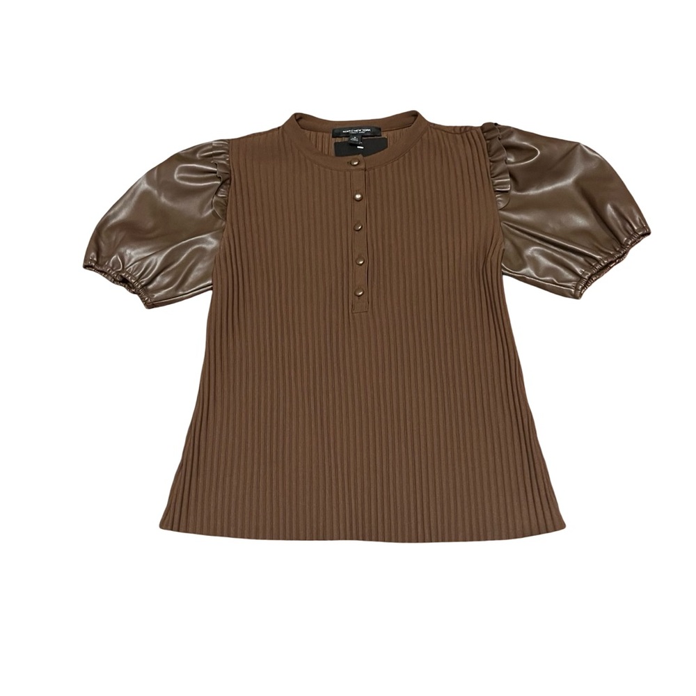Marc New York Brown Ribbed Blouse with Puff Sleeves